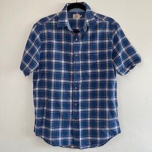 Faherty Button Up Shirt Top Small 100% Indigo Cotton Blue Pink White Plaid Prep